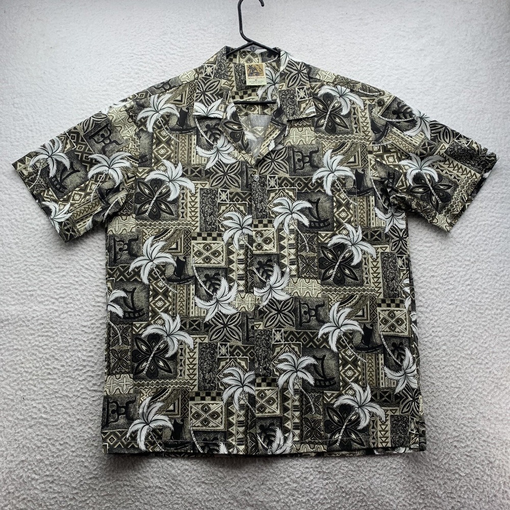 VTG Winnie Fashion Hawaiian Shirt Mens XL Patchwork Palms All Over Rayon Blend‎